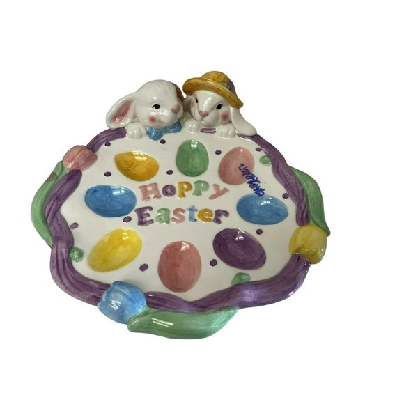 Hoppy Easter Plate Ceramic 8 Easter Egg Tray Holder 10" x 10 1/2" x 3 1/4 - Picture 3 of 9